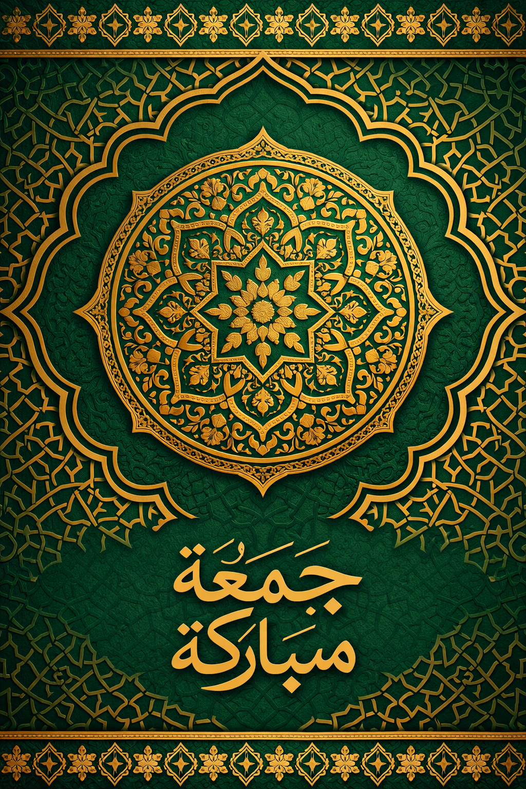 Ornate Islamic arabesque pattern in gold and emerald green for Jummah Mubarak blessing, vertical